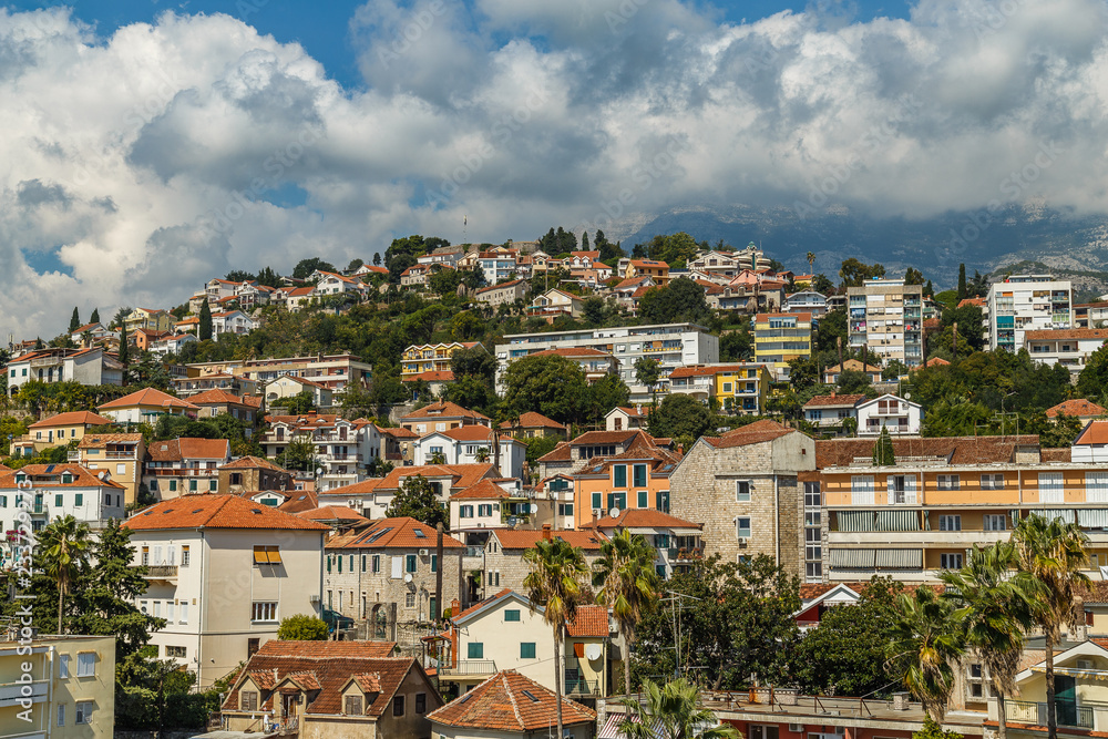 The picturesque city of Herceg Novi in Montenegro on a green hill