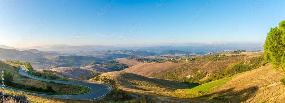 Morning panoramic view at the countryside near Volterra in Italian Tuscany