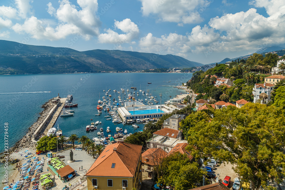 The port city of Herceg Novi in Montenegro on a green hill