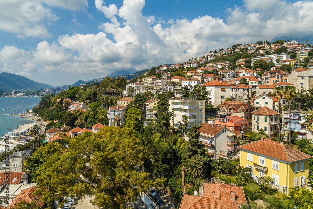 The ancient city of Herceg Novi in Montenegro on a green hill