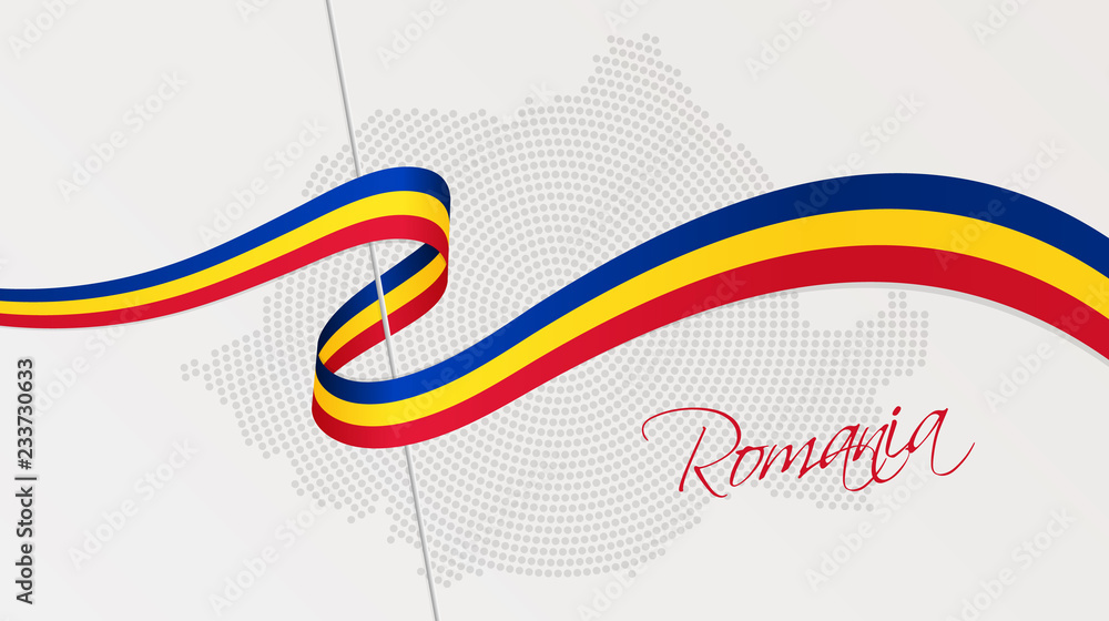 Fototapeta premium Wavy national flag and radial dotted halftone map of Romania