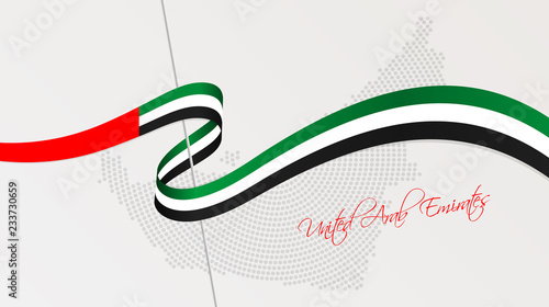 Wavy national flag and radial dotted halftone map of United Arab Emirates