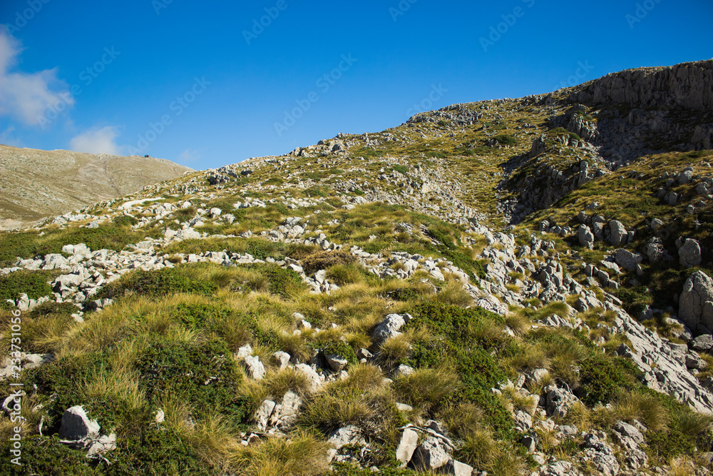 highland rock landscape on way up to mountain ridge with hills and meadows with grass and bare stones on wilderness environment 