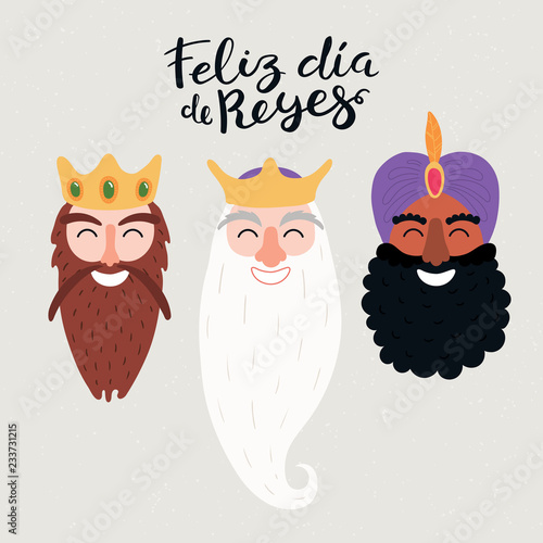 Hand drawn vector illustration of three kings portraits, with Spanish quote Feliz Dia de Reyes, Happy Kings Day. Isolated objects on gray. Flat style design. Concept, element for Epiphany card, banner