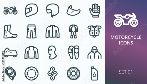 Motorcycle gear and parts icons set. Set of moto equipment, motorcycle helmet, body armor, gloves, moto pants, jacket, boots vector icons