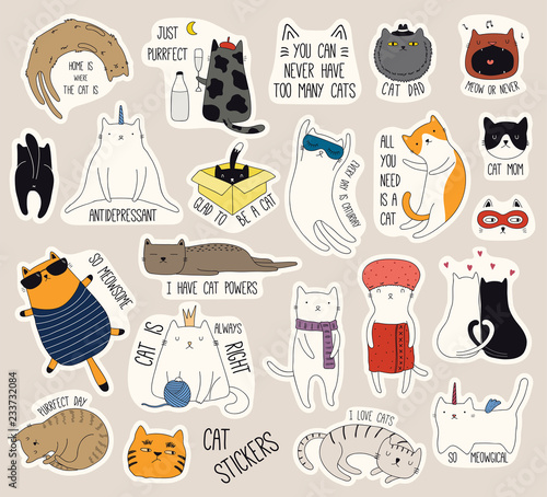 Set of cute funny stickers with color doodles of different cats with quotes. Isolated objects. Hand drawn vector illustration. Line drawing. Design concept for print, logo, icon, badge, label, patch.