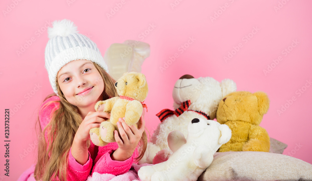 Teddy bears improve psychological wellbeing. Softness is key. Child small girl playful hold teddy bear plush toy. Bears toys collection. Kid little girl play with soft toy teddy bear pink background Teddy bears improve psychological wellbeing. Softness is key. Child small girl playful hold teddy bear plush toy. Bears toys collection. Kid little girl play with soft toy teddy bear pink background