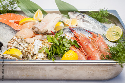 Seafood in iron tray
