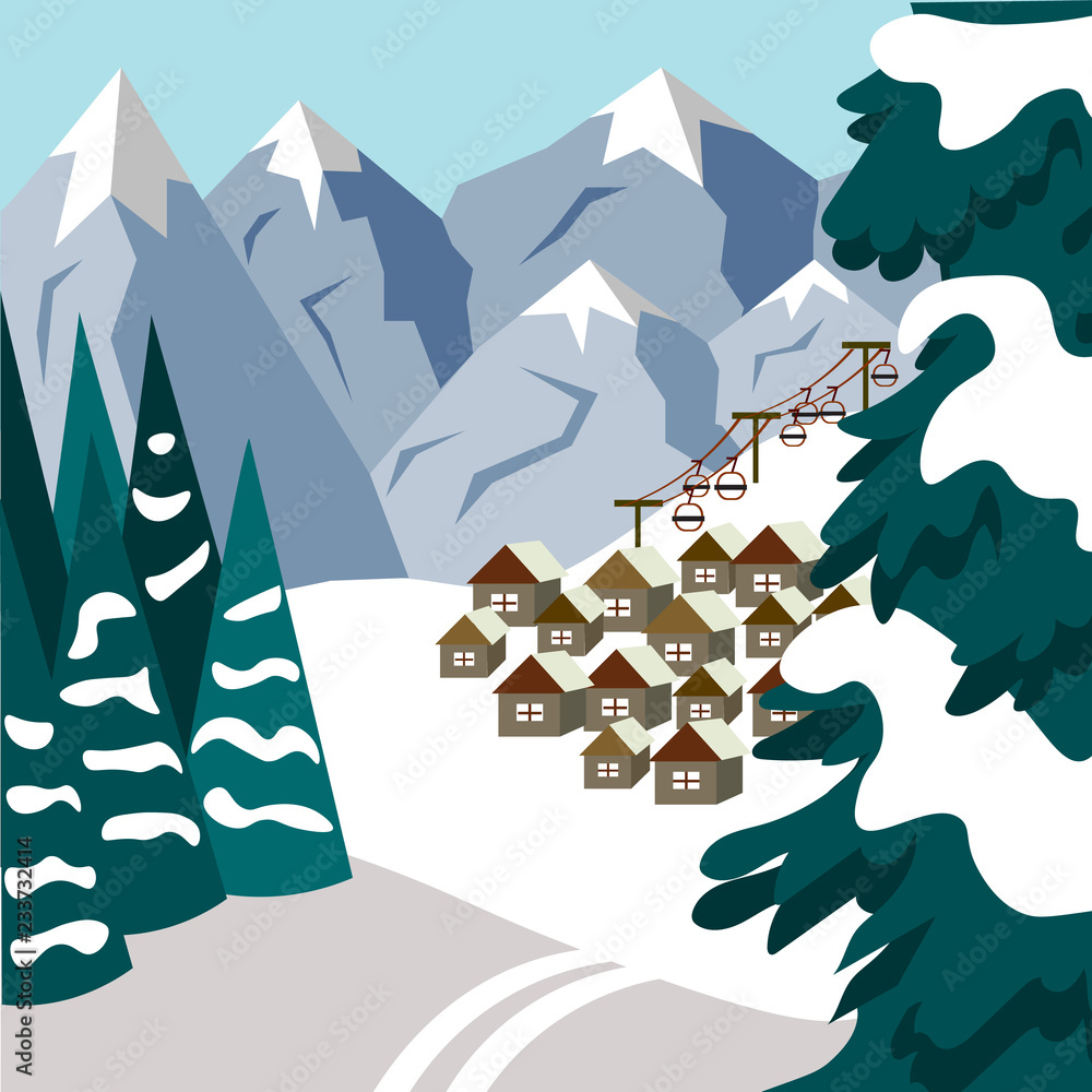 A small town in the mountains on the eve of Christmas. Illustration in flat style