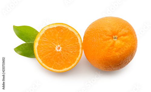 Tasty ripe oranges on white background