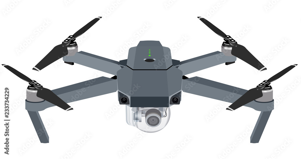 Drone illustration with protective cover over the 4K high definition camera for aerial photography and video recording - fully editable vector graphic, for best results use Adobe Illustrator Drone illustration with protective cover over the 4K high definition camera for aerial photography and video recording - fully editable vector graphic, for best results use Adobe Illustrator