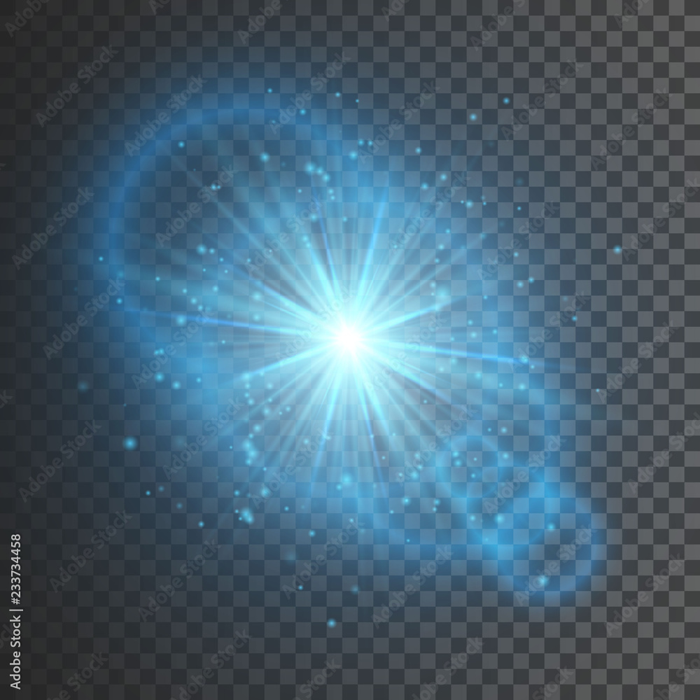 Transparent glow light effect. Star burst with sparkles. Blue glitter. Vector illustration