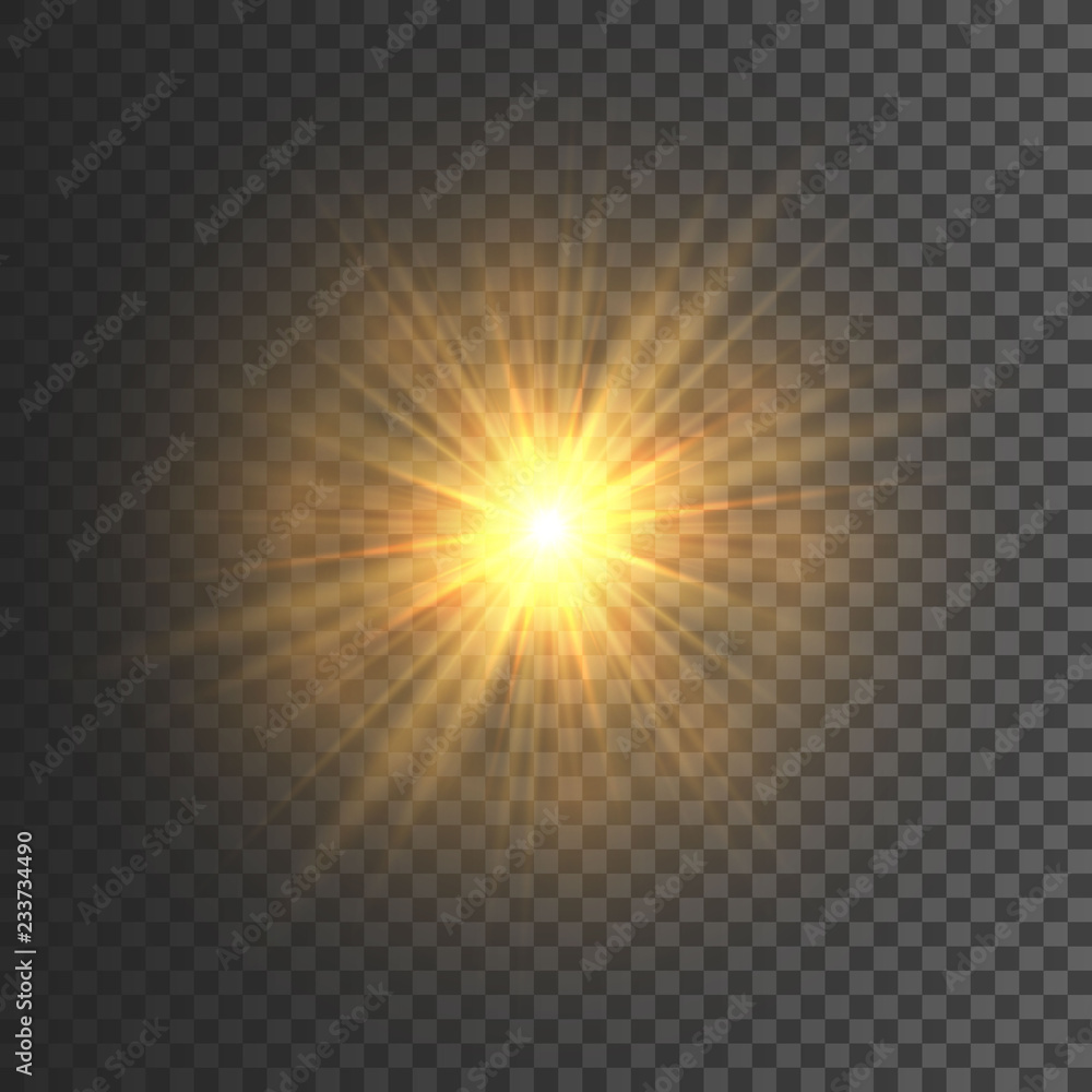 Transparent glow light effect. Star burst with sparkles. Gold glitter. Vector illustration