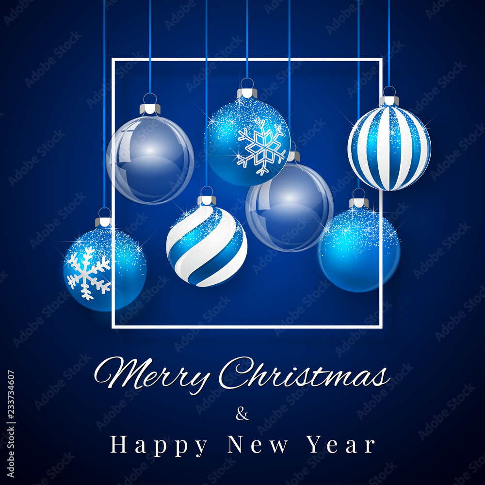 Luxury Christmas design with blue Christmas balls and Xmas glass ball over blue background. Holiday decoration template. Vector illustration Luxury Christmas design with blue Christmas balls and Xmas glass ball over blue background. Holiday decoration template. Vector illustration