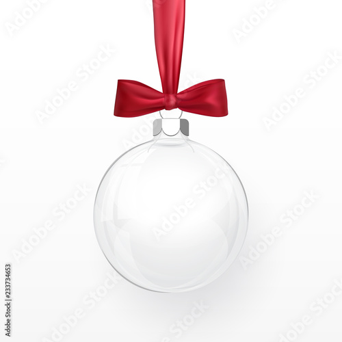 Glass transparent Christmas ball with red bow. Xmas glass ball on white background. Holiday decoration template. Vector illustration