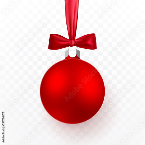 Red Christmas ball with red bow. Xmas glass ball on transparent background. Holiday decoration template. Vector illustration