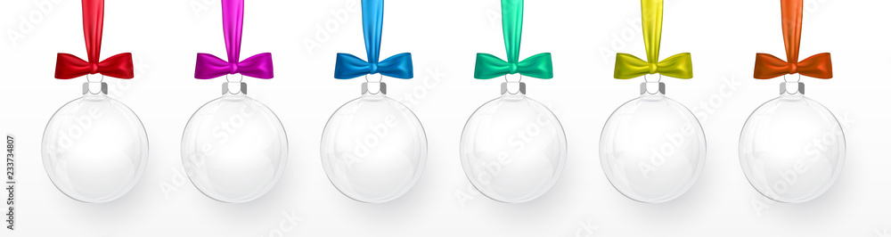 Glass transparent Christmas ball with Red and blue, green and purple . bow. Xmas glass ball on white background. Holiday decoration template. Vector illustration Glass transparent Christmas ball with Red and blue, green and purple . bow. Xmas glass ball on white background. Holiday decoration template. Vector illustration
