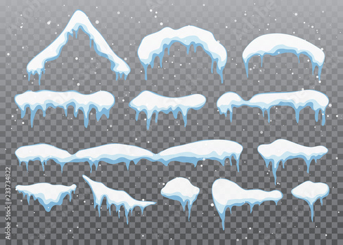 Snow caps, snowballs and snowdrifts set. Snow cap vector collection. Winter decoration element. Snowy elements on winter background. Cartoon template. Illustration