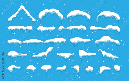 Snow caps, snowballs and snowdrifts set. Snow cap vector collection. Winter decoration element. Snowy elements on winter background. Cartoon template. Illustration