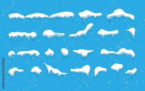 Snow caps, snowballs and snowdrifts set. Snow cap vector collection. Winter decoration element. Snowy elements on winter background. Cartoon template. Illustration
