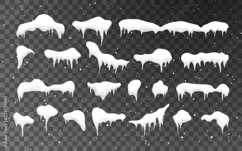 Snow caps, snowballs and snowdrifts set. Snow cap vector collection. Winter decoration element. Snowy elements on winter background. Cartoon template. Illustration