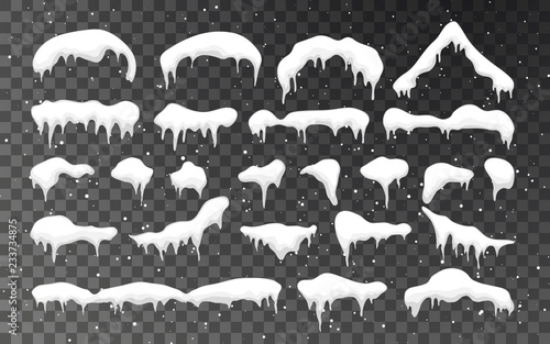 Snow caps, snowballs and snowdrifts set. Snow cap vector collection. Winter decoration element. Snowy elements on winter background. Cartoon template. Illustration