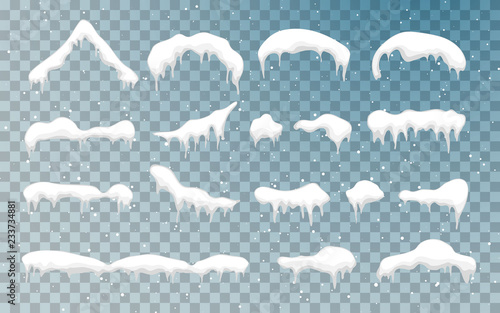 Snow caps, snowballs and snowdrifts set. Snow cap vector collection. Winter decoration element. Snowy elements on winter background. Cartoon template. Illustration
