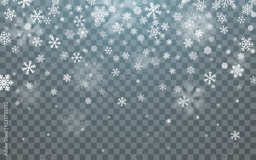 Christmas snow. Falling snowflakes on dark background. Snowflake transparent decoration effect. Xmas snow flake pattern. Magic white snowfall texture. Winter snowstorm backdrop illustration