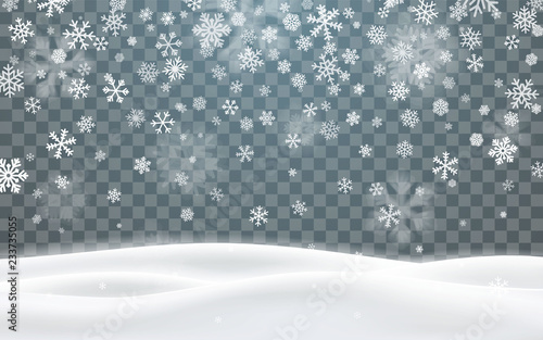 Christmas snow. Falling snowflakes on dark background. Snowflake transparent decoration effect. Xmas snow flake pattern. Magic white snowfall texture. Winter snowstorm backdrop illustration