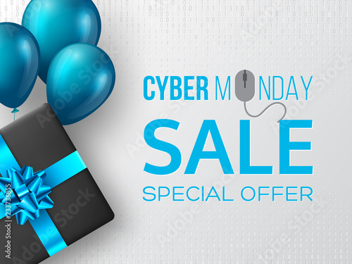 Cyber monday sale poster or banner for seasonal discounts. Black box with realistic blue bow and balloons on code background. Sale concept. Vector illustration.