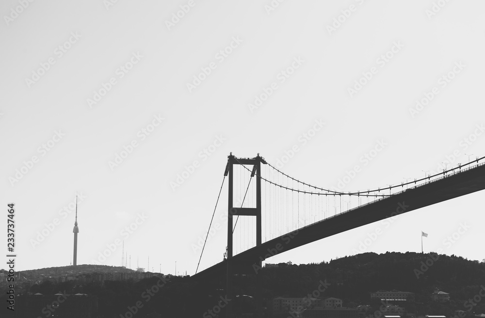 Bosphorus black and white view of the Bridge in a sunny day on the Shore line of istanbul. Bosphorus black and white view of the Bridge in a sunny day on the Shore line of istanbul.