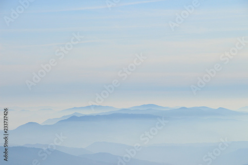 Panoramic view of beautiful landscape Carpathian mountains  Borzhava range  in haze