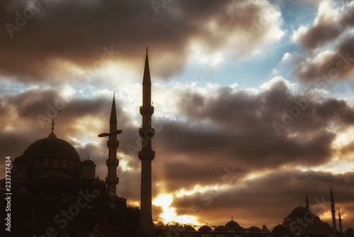Mosque with birds during sunset - istanbul.