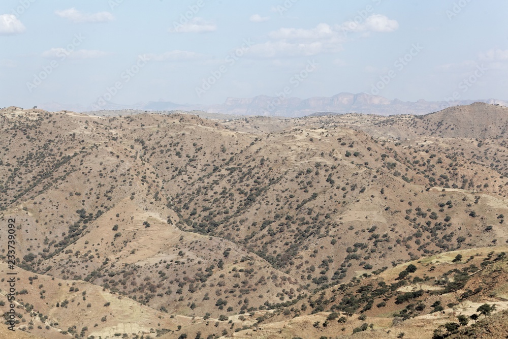 Mountainous landscape with blue sky in Northern Ethiopia.