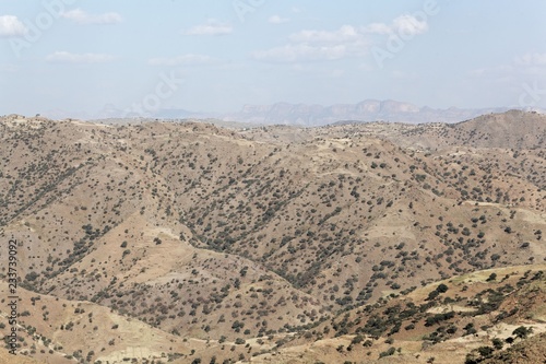 Mountainous landscape with blue sky in Northern Ethiopia.