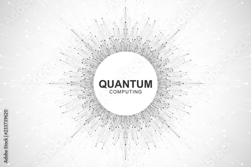 Quantum computer technology concept. Deep learning artificial intelligence. Big data algorithms visualization for business, science, technology. Waves flow, dots, lines. Quantum vector illustration