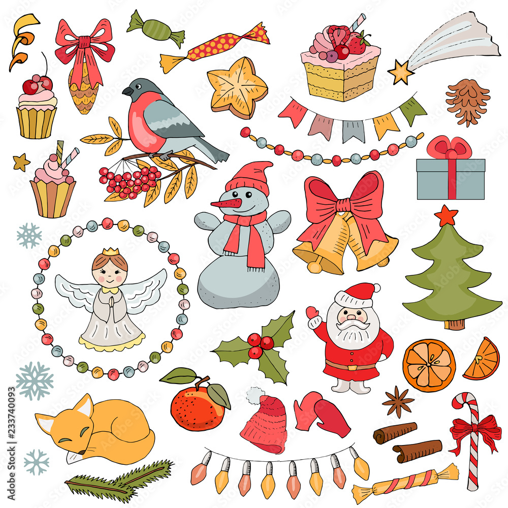 Set of Christmas and New Year elements, sweets, cakes, decorations. Vector hand drawn elements. Set of Christmas and New Year elements, sweets, cakes, decorations. Vector hand drawn elements.