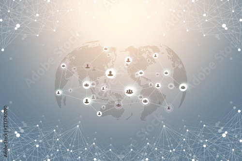 Social media network and marketing concept on World Map background. Global business concept and internet technology, Analytical networks. Vector illustration