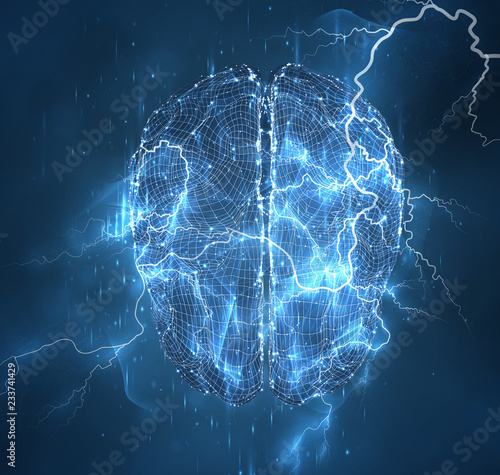 Vector illustration, three-dimensional brain on a dark background,power, element, force of nature © coffeemill