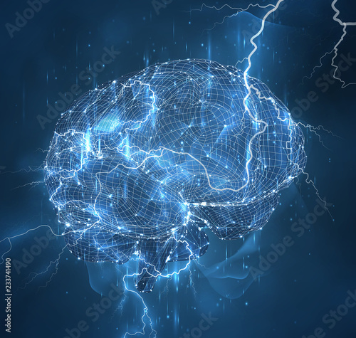 Vector illustration, three-dimensional brain on a dark background,power, element, force of nature