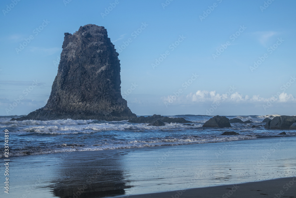 Benijo beach with big rock and Atlantic ocean view with sunset light, Anaga  natural park, Tenerife, Canary islands, Spain