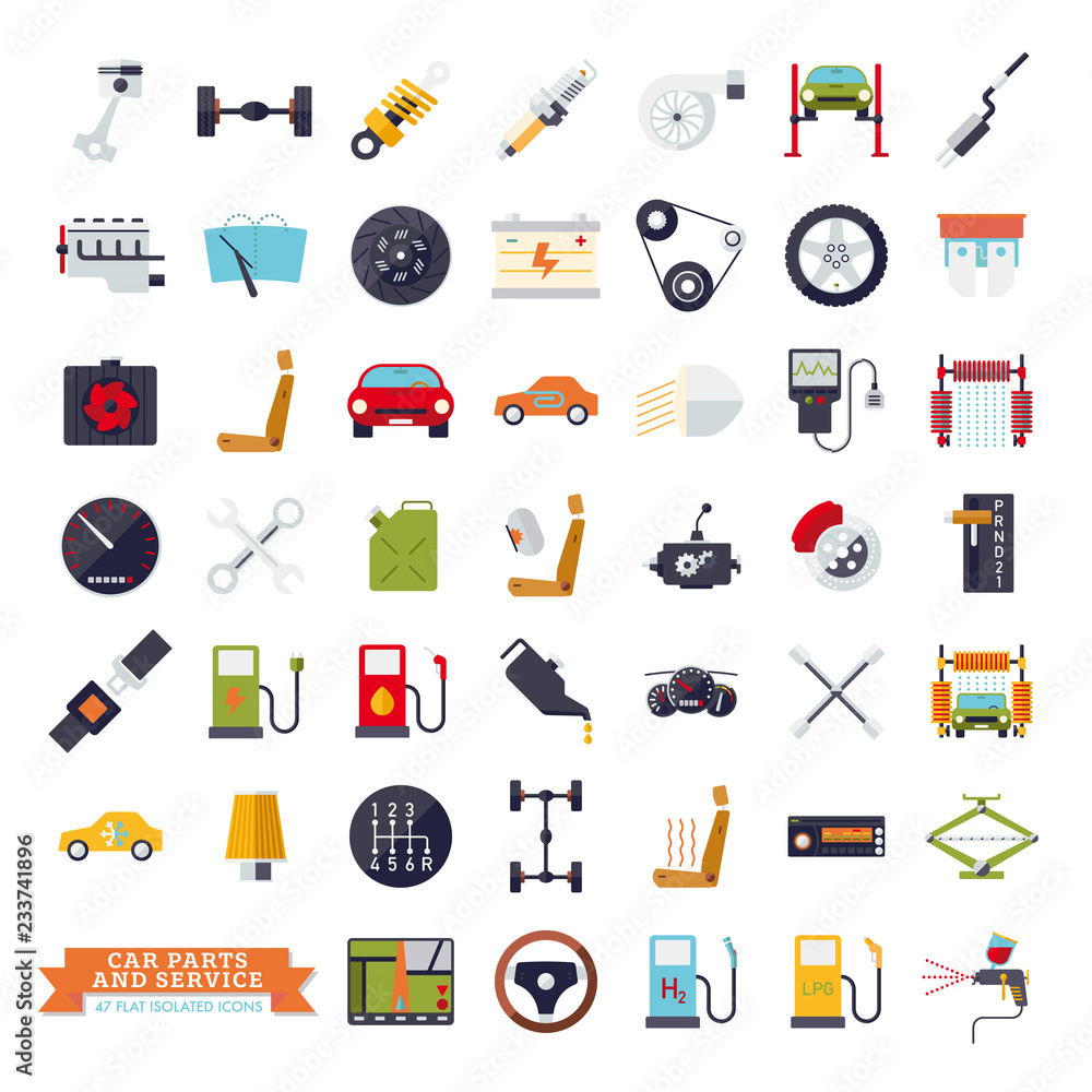 Car parts and service flat design isolated vector icons
