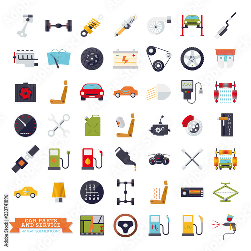 Car parts and service flat design isolated vector icons