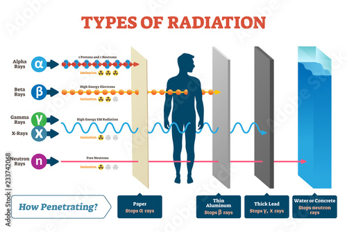 Types of radiation vector illustration diagram and labeled example scheme.