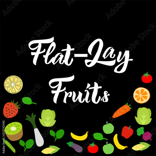 Flat-lay healthy mix fruits on black background vector