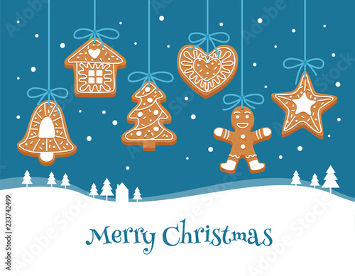 Christmas greeting card with gingerbread cookies and winter landscape. Christmas decorations, vector illustration template