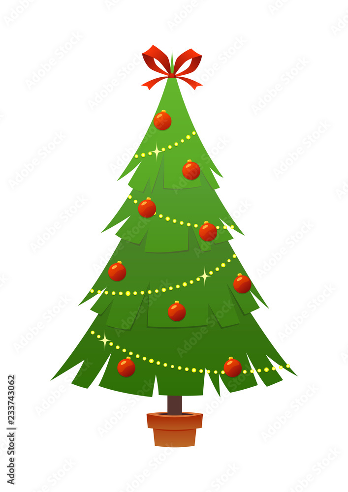 Beautiful elegant green Christmas tree bright garland vector illustration on white background Beautiful elegant green Christmas tree bright garland vector illustration on white background