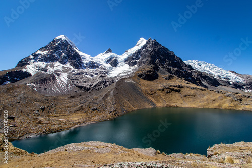 Mountains with a lagoon as seen from the Ausangate Trek in the Cordillera Vilcanota, Andes Mountains, Peru