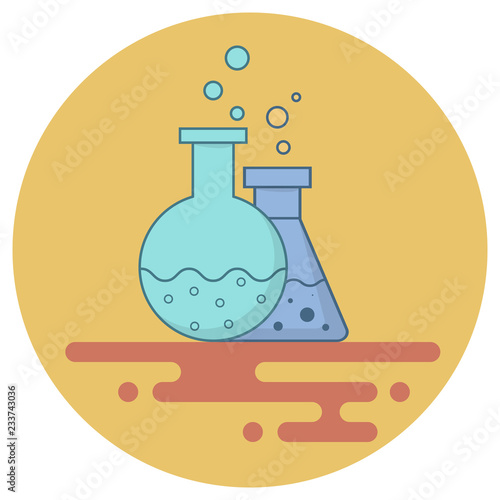 Blue flask and retort with chemical fluid. Bubbles come out. Flat style