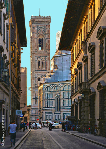 cityscape and street view with Famous Duomo Santa Maria Del Fiore, Baptistery and Giotto's Campanile in Florence, Tuscany, Italy